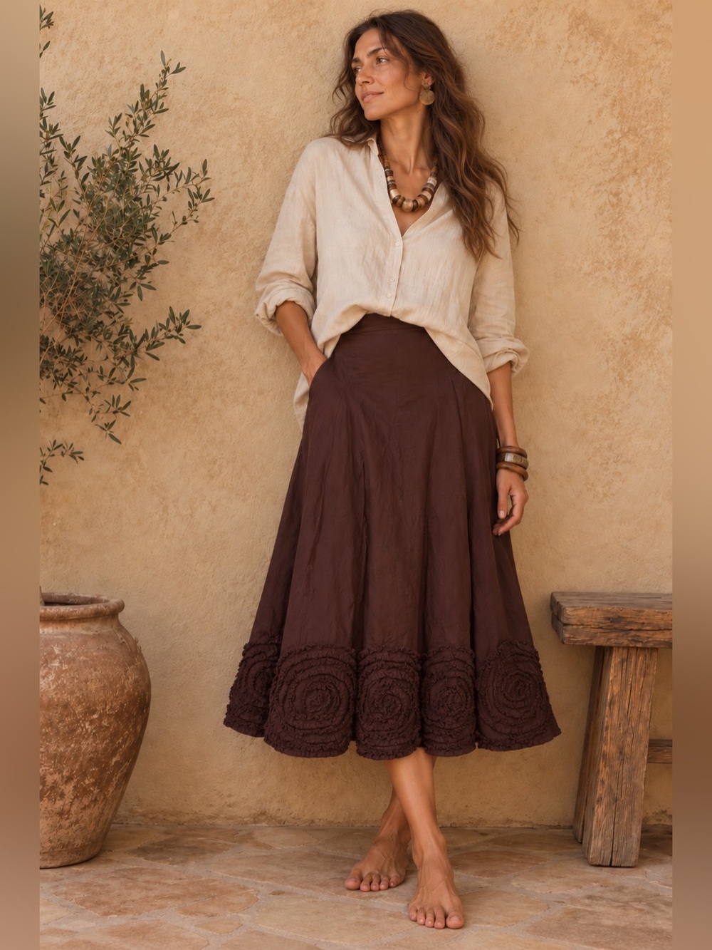 Chocolate Brown Embroidered Midi Skirt Boho Artisan Lagenlook European, L